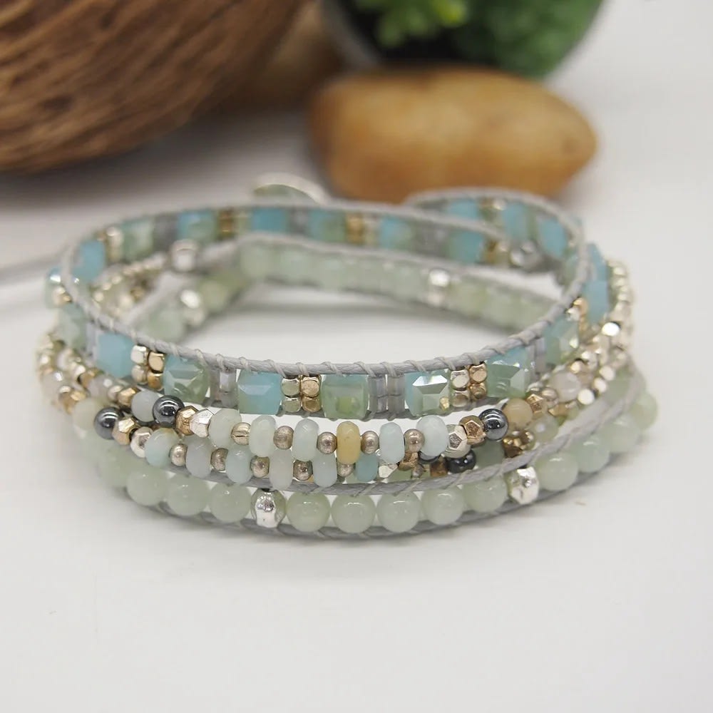 Amazonite Triple Wrap Bracelet Bohemian Beadwork Bracelet Gift for Mom